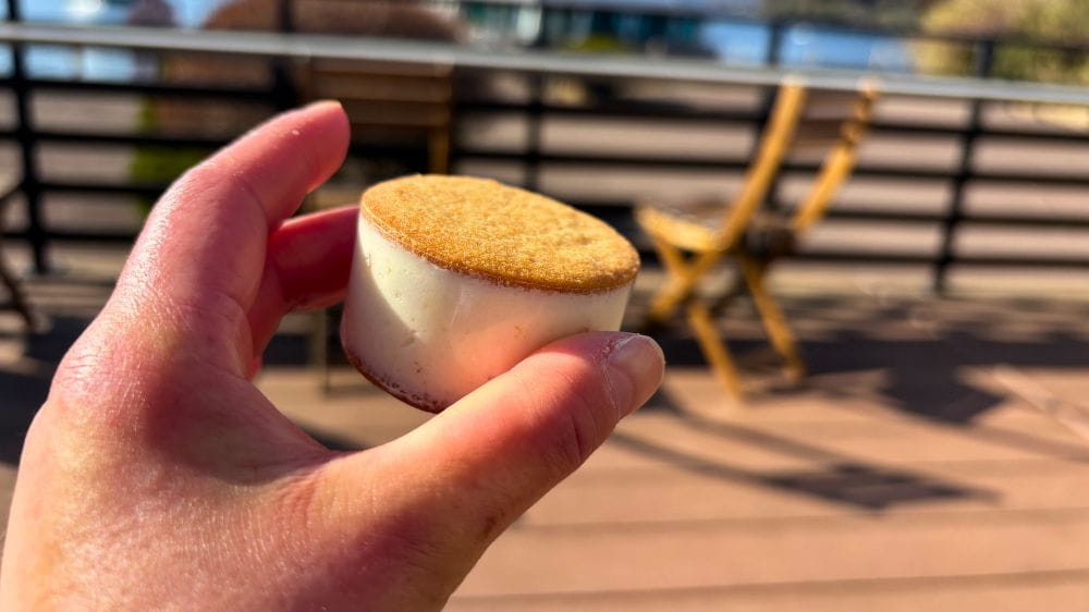 茶色のお菓子を手に持っている