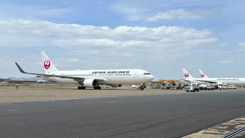 空港の駐機場に並ぶ日本航空（JAL）の旅客機と作業車両の様子。