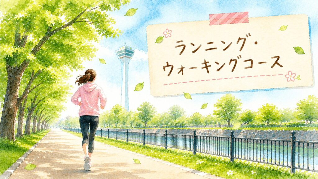 川沿いの緑豊かなランニング・ウォーキングコースを走る女性のイメージ