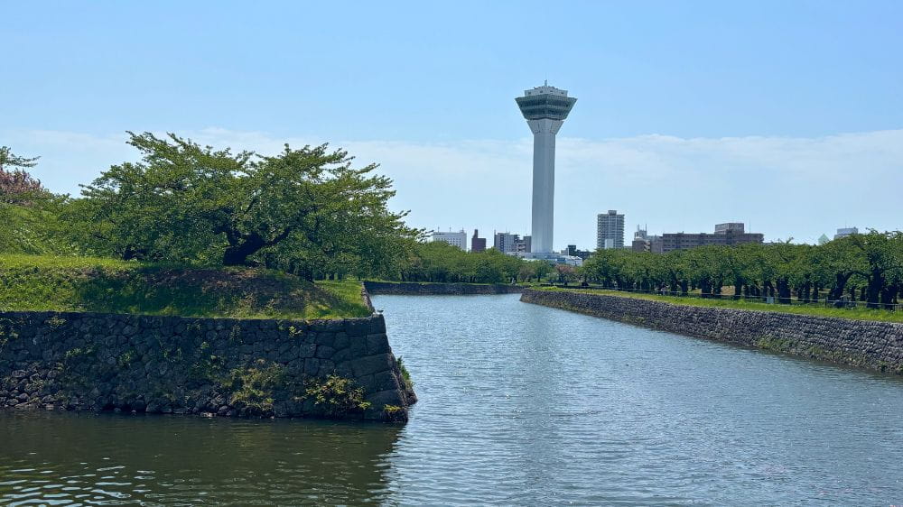 五稜郭公園のお堀と石垣越しに見える五稜郭タワー。函館を代表する歴史公園の風景