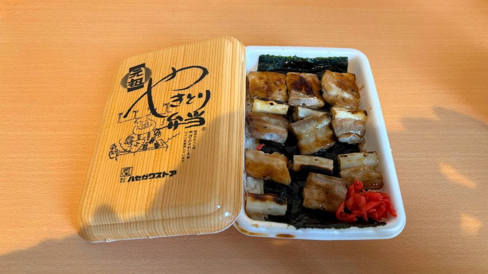 ハセガワストア五稜郭店で購入したやきとり弁当(小・タレ)。串を抜いた豚肉と長ねぎ、紅しょうががのっている