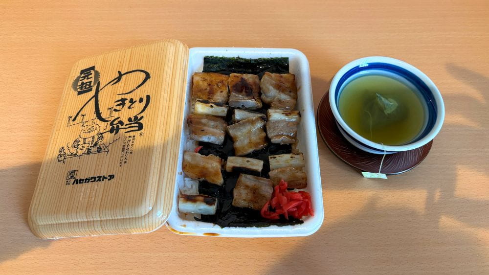 ハセガワストア五稜郭店で購入したやきとり弁当(小・タレ)とお茶。串を抜いた豚肉と長ねぎ、紅しょうががのっている