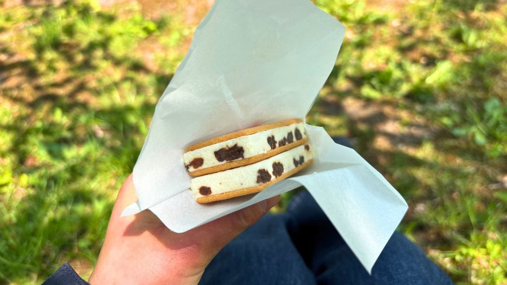 五稜郭公園で六花亭五稜郭店のマルセイアイスサンドをテイクアウトして食べる様子