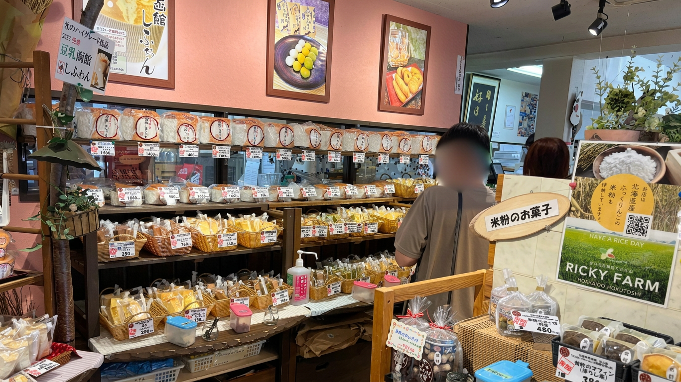 hakodate-otafukudo-chiffon-display 函館おたふく堂の店内に種類豊富な豆乳しふぉんが並ぶ商品棚